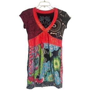 Desigual Y2K Printed Bohemian Mini Dress Metallic and Floral Small